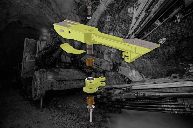 Exploded 3D render of MASPRO’s redesigned bolting cradle assembly, highlighting reinforced components against an underground mining backdrop.