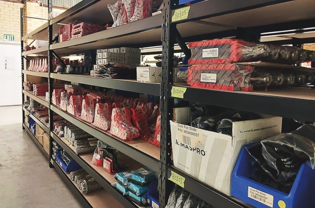 MASPRO warehouse shelves stocked with critical mining spare parts ready for rapid dispatch
